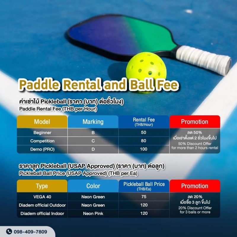 ค่าบริการเช่า ไม้ Pickleball
